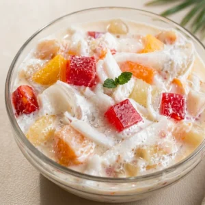 filipino buko salad drink with coconut and fruit mix, creamy refreshing beverage