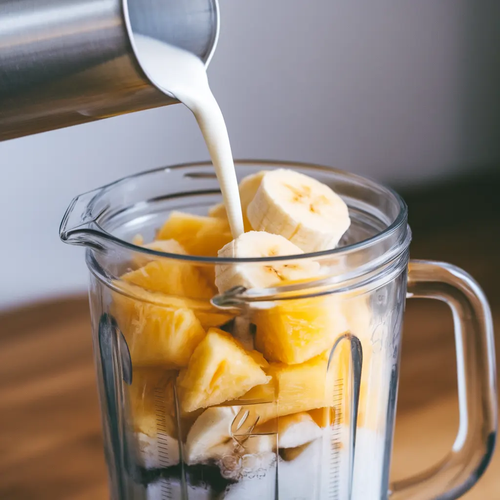 Coconut milk being poured into a blender filled with frozen pineapple and banana.