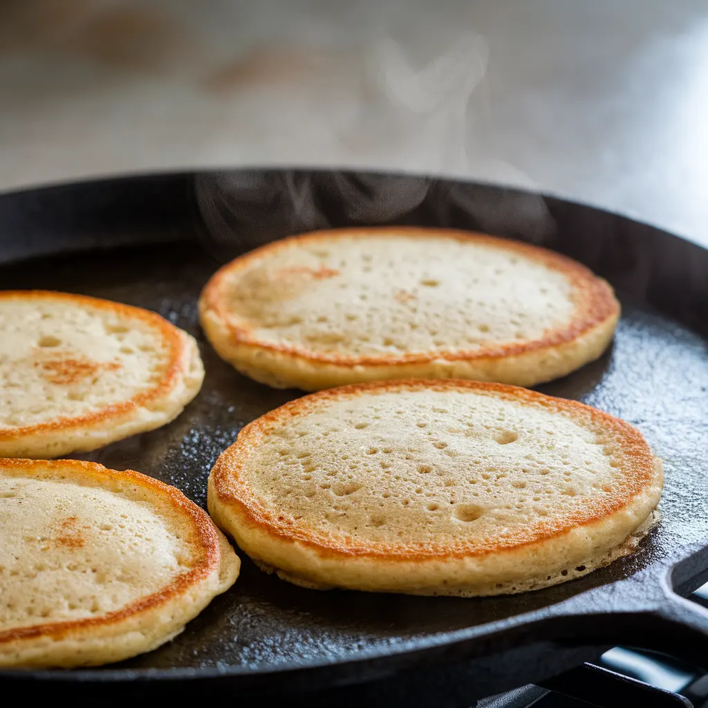 Gluten-free pancakes cooking on a griddle with golden edges forming and bubbles rising on the surface.