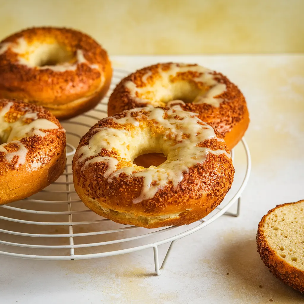 Golden Asiago bagels with bubbly melted cheese crusts and classic bagel holes, one sliced to show the chewy interior, arranged on a cooling rack
