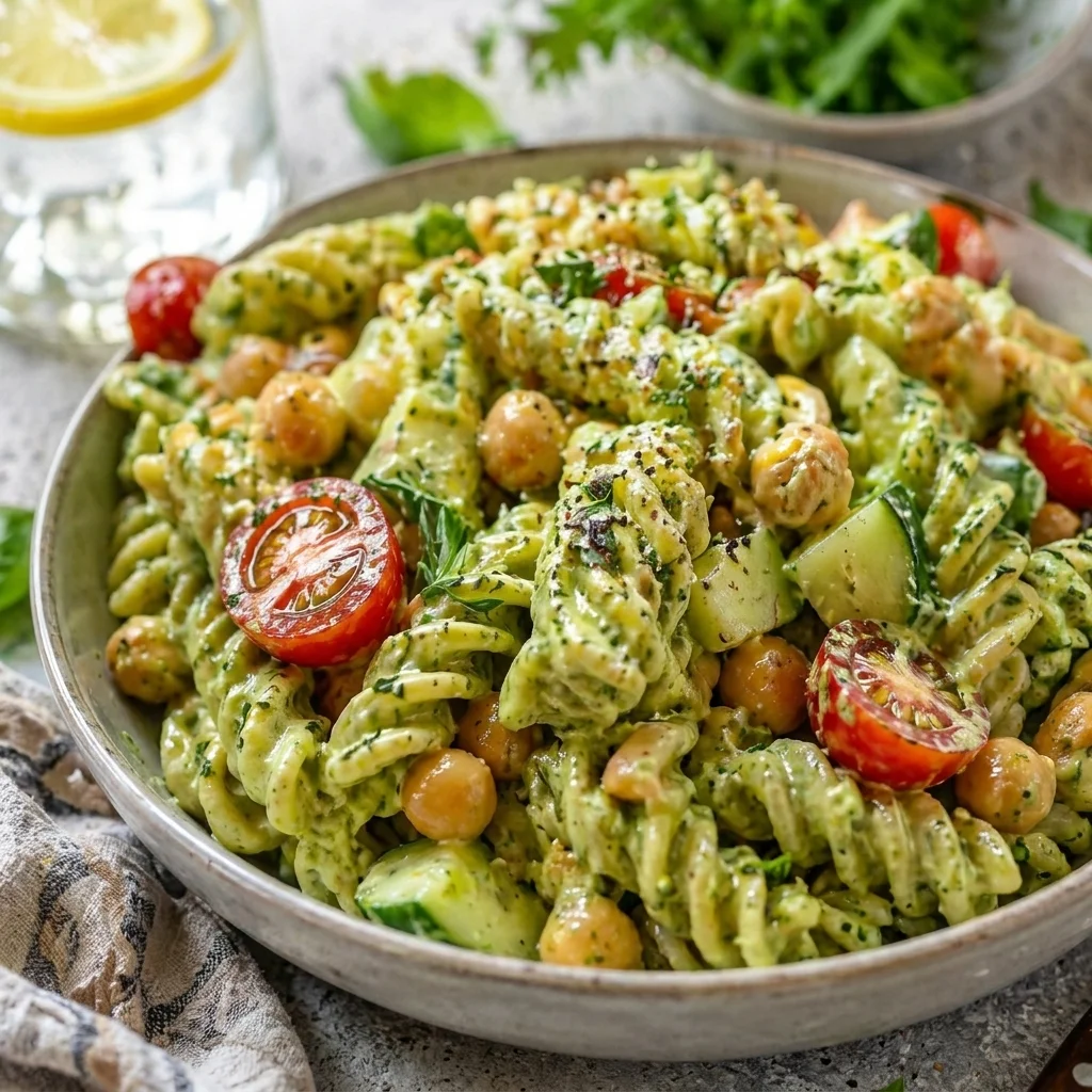 green goddess pasta salad with creamy herb dressing and fresh vegetables, healthy easy pasta recipe