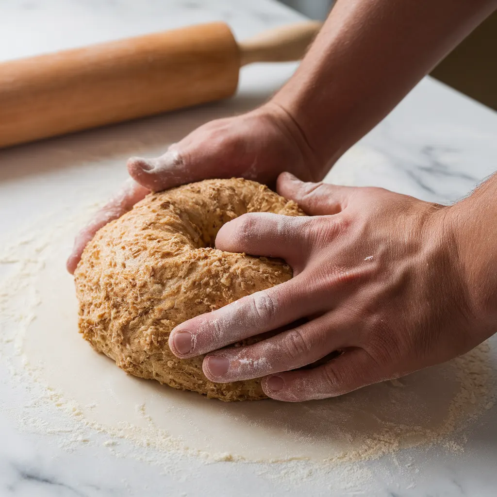 hands kneading asiago bagel dough