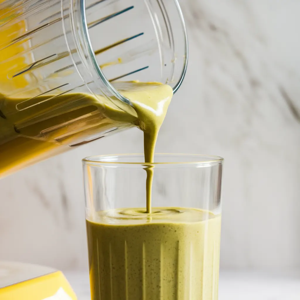 reamy banana matcha smoothie being poured from blender into a clear glass.
