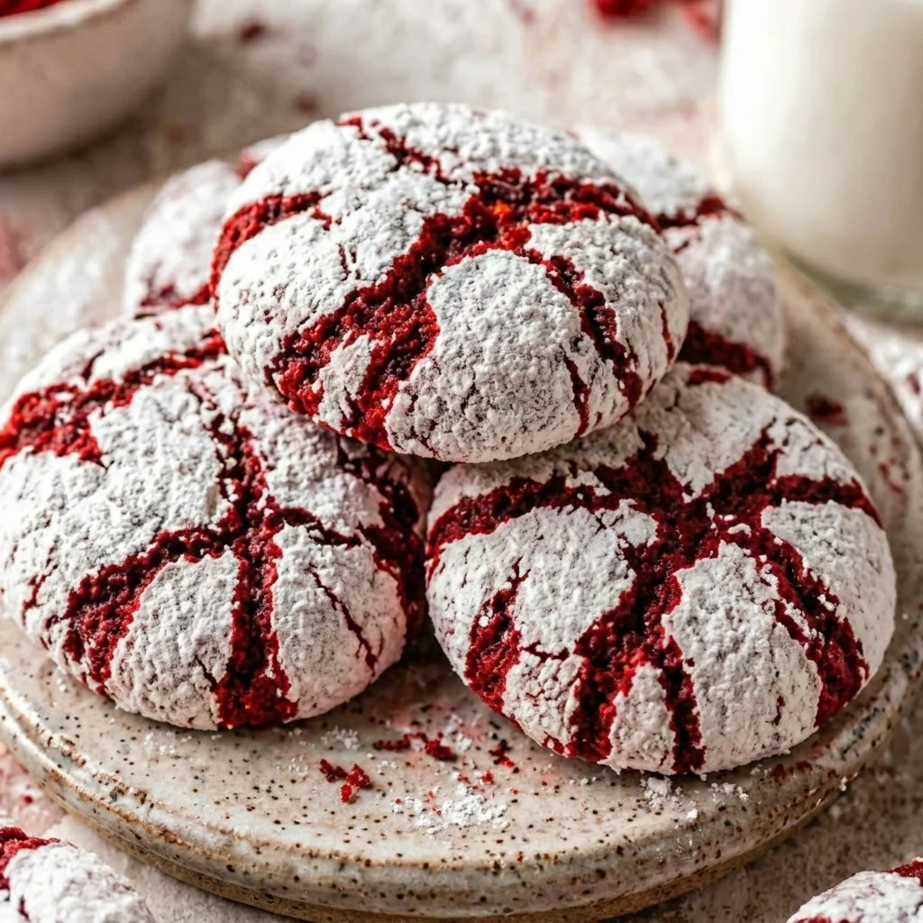 Fudgy Red Velvet Crinkle Cookies with soft center and powdered sugar coating, easy dessert