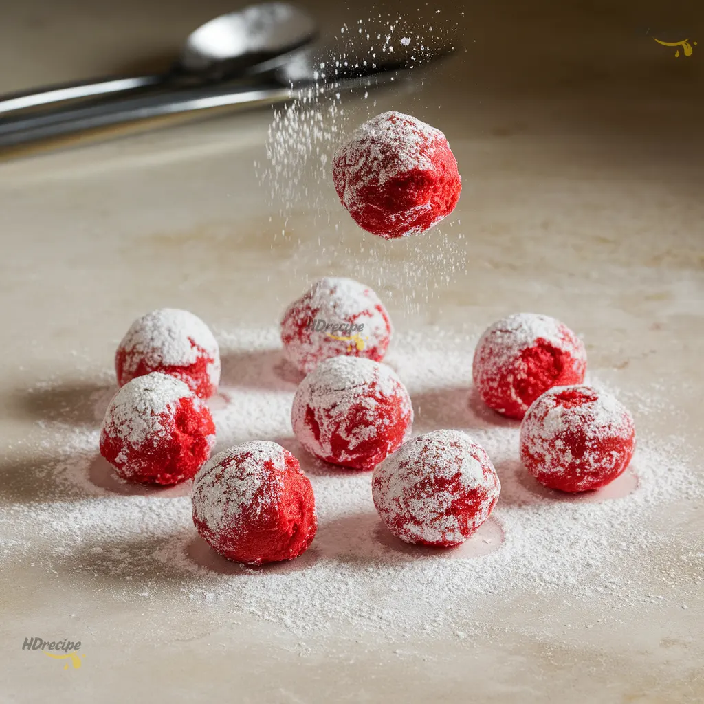 Rolling in Powdered Sugar Red velvet cookie dough balls rolled in powdered sugar.