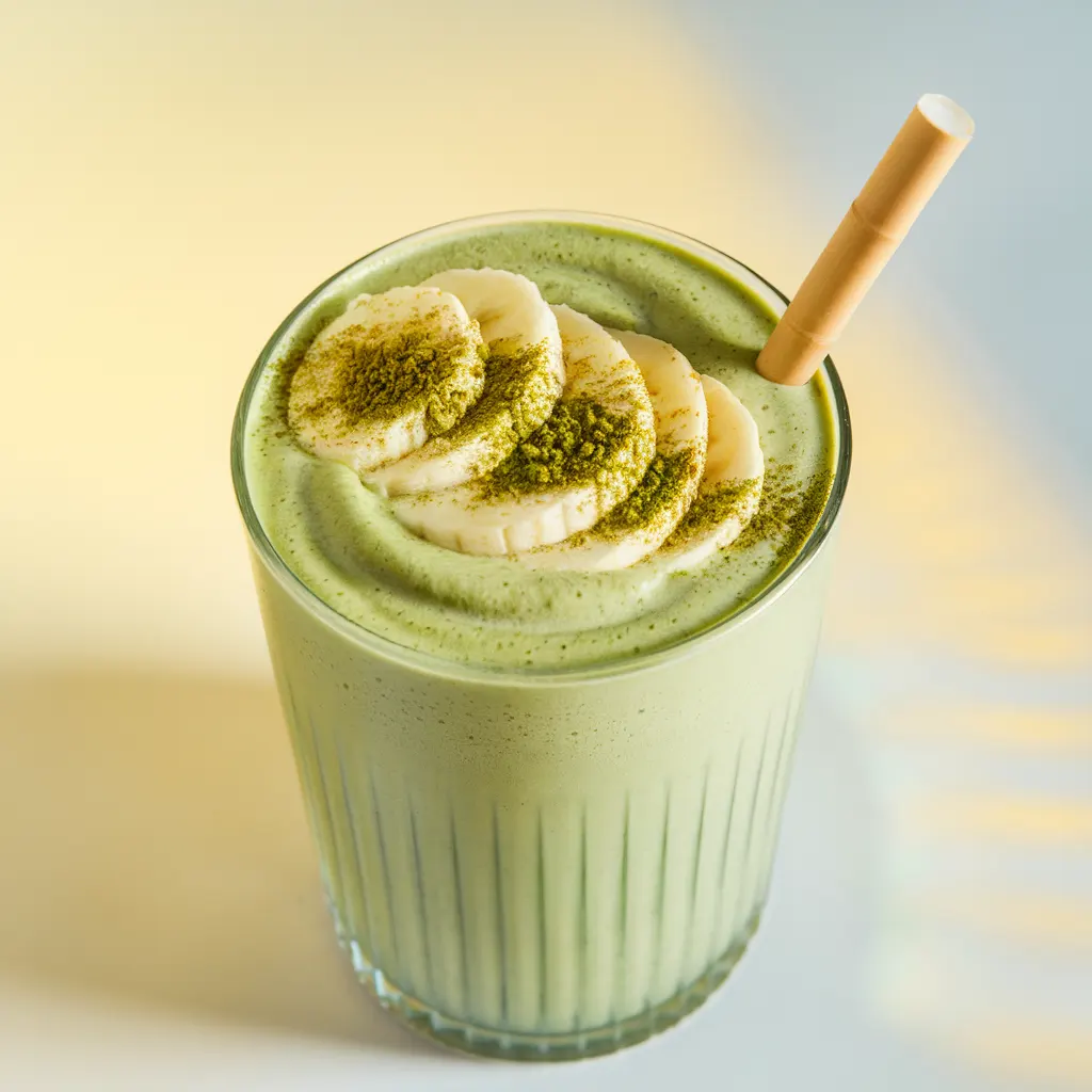 banana matcha smoothie in clear glass with bamboo straw, matcha dusting, and banana slice garnish