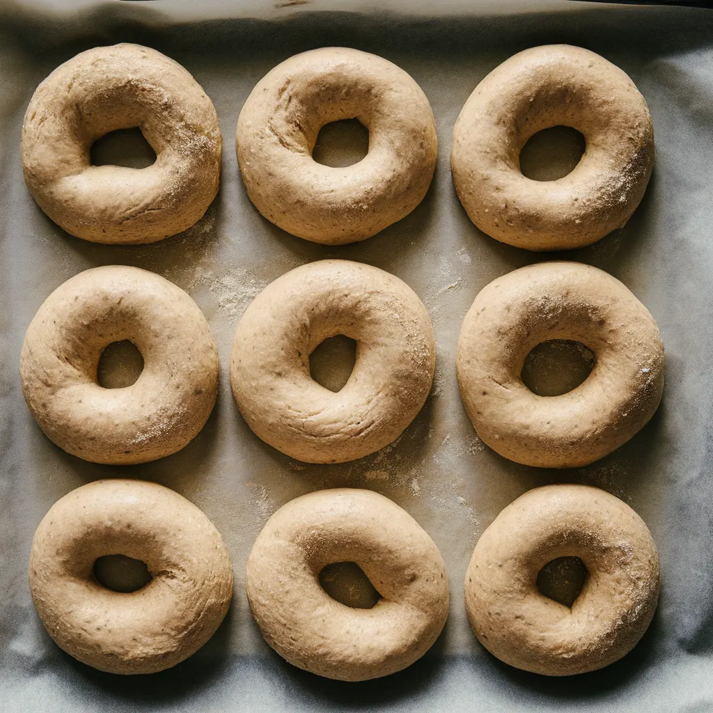 Overhead shot of raw asiago bagels shaped and arranged on a parchment-lined baking tray.