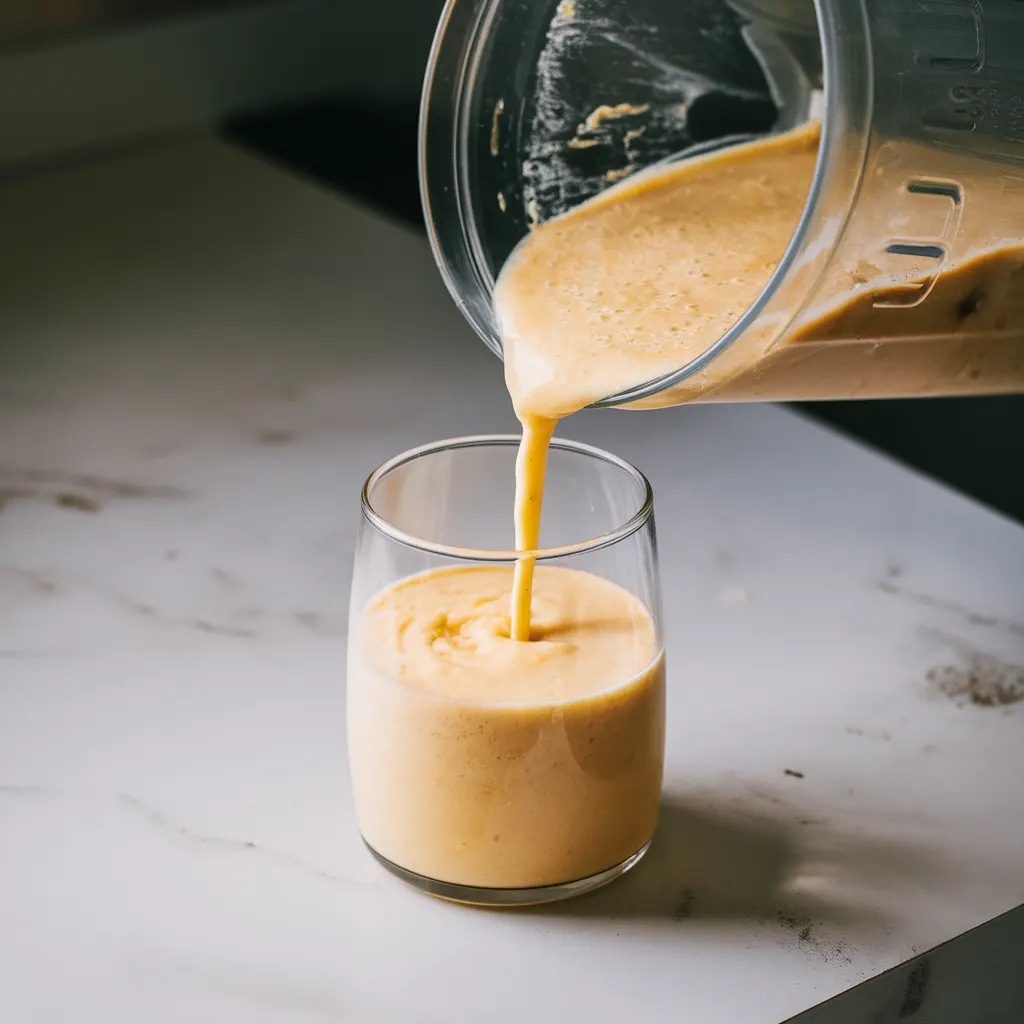 Creamy pineapple smoothie being poured into a glass