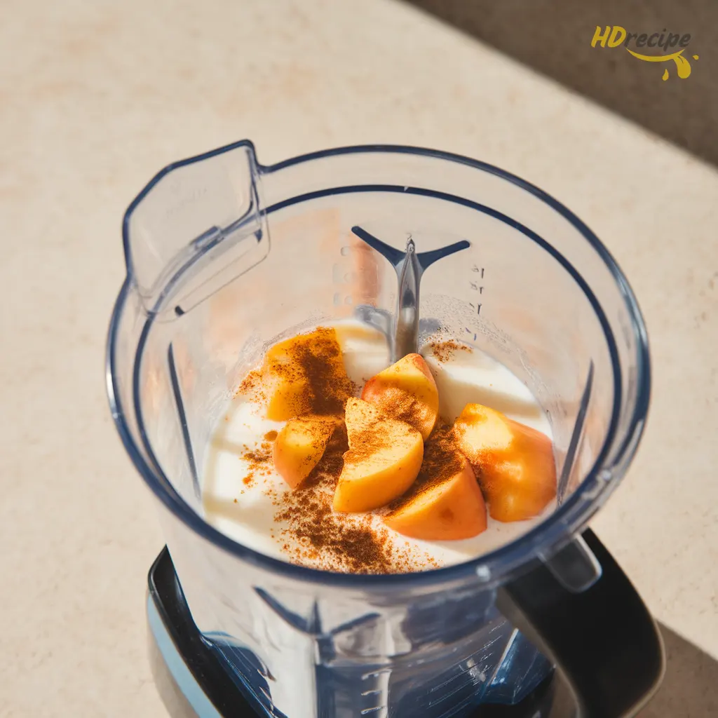 adding-ingredients-to-peach-smoothie-blender Flat lay of fresh peaches, Greek yogurt, milk, honey, cinnamon, vanilla, and ice cubes arranged neatly.