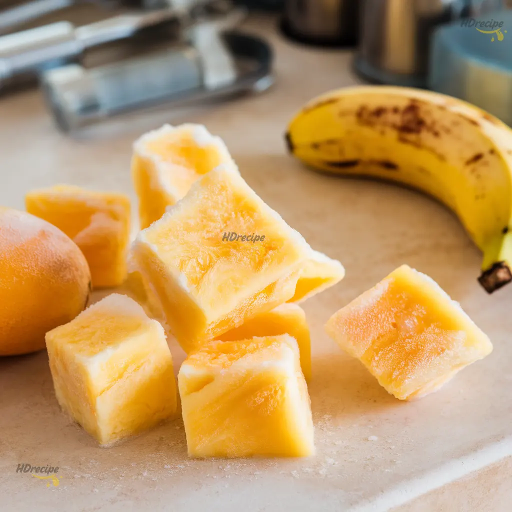 bahama-mama-fruit-closeup Close-up of frozen pineapple chunks, mango pieces, and a sliced ripe banana.