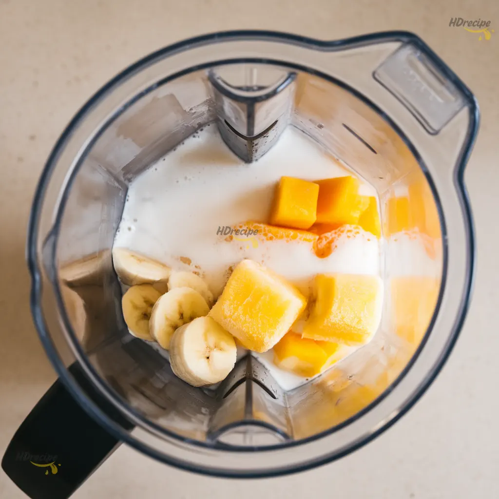 bahama-mama-smoothie-blender Top view of blender jar with coconut milk, banana, pineapple, and mango layered inside.