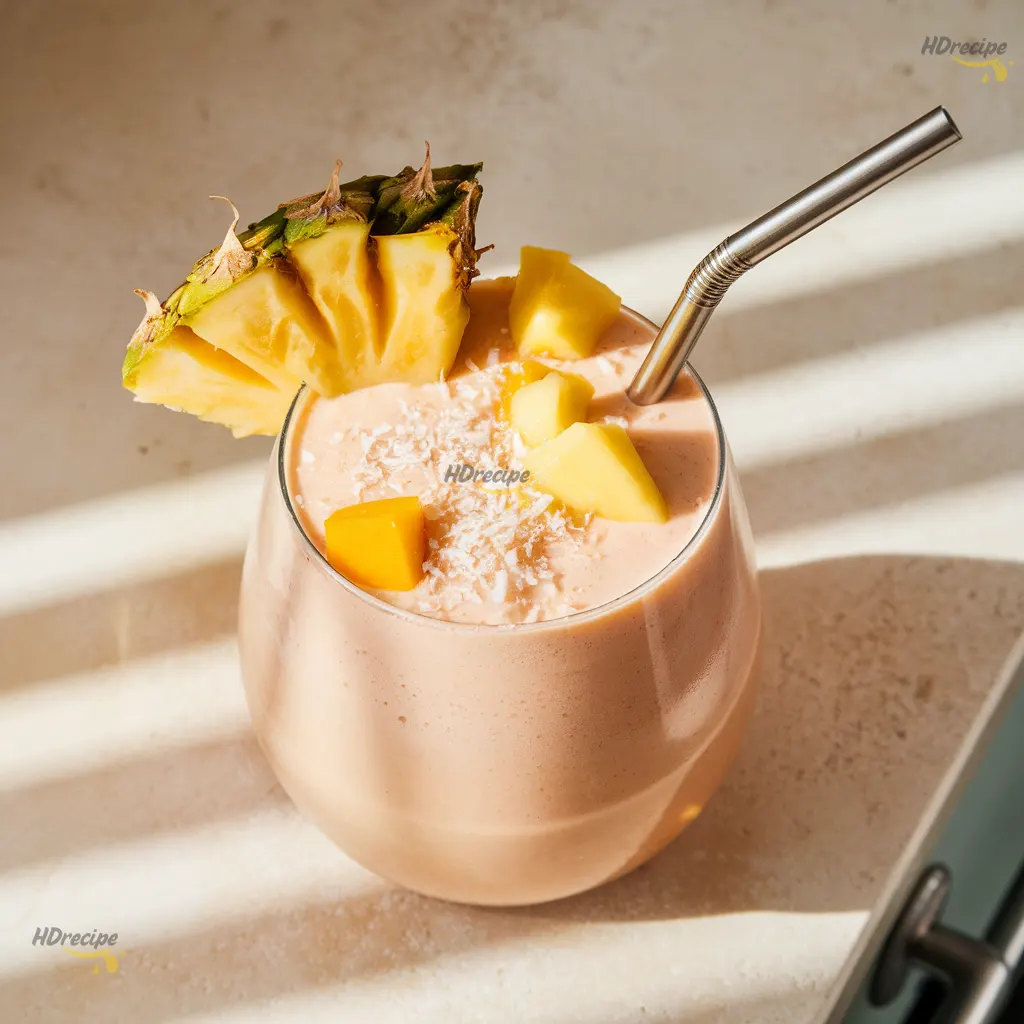 bahama-mama-smoothie-glasse Two glasses of Bahama Mama tropical smoothie on a light beige counter, one topped with coconut flakes and one with a pineapple wedge garnish.