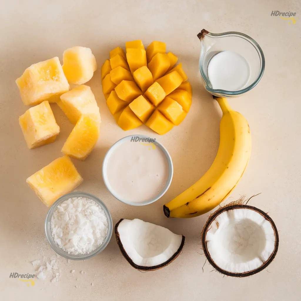 bahama-mama-smoothie-ingredients Flat lay of Bahama Mama smoothie ingredients including pineapple, mango, banana, coconut milk, and coconut water arranged.
