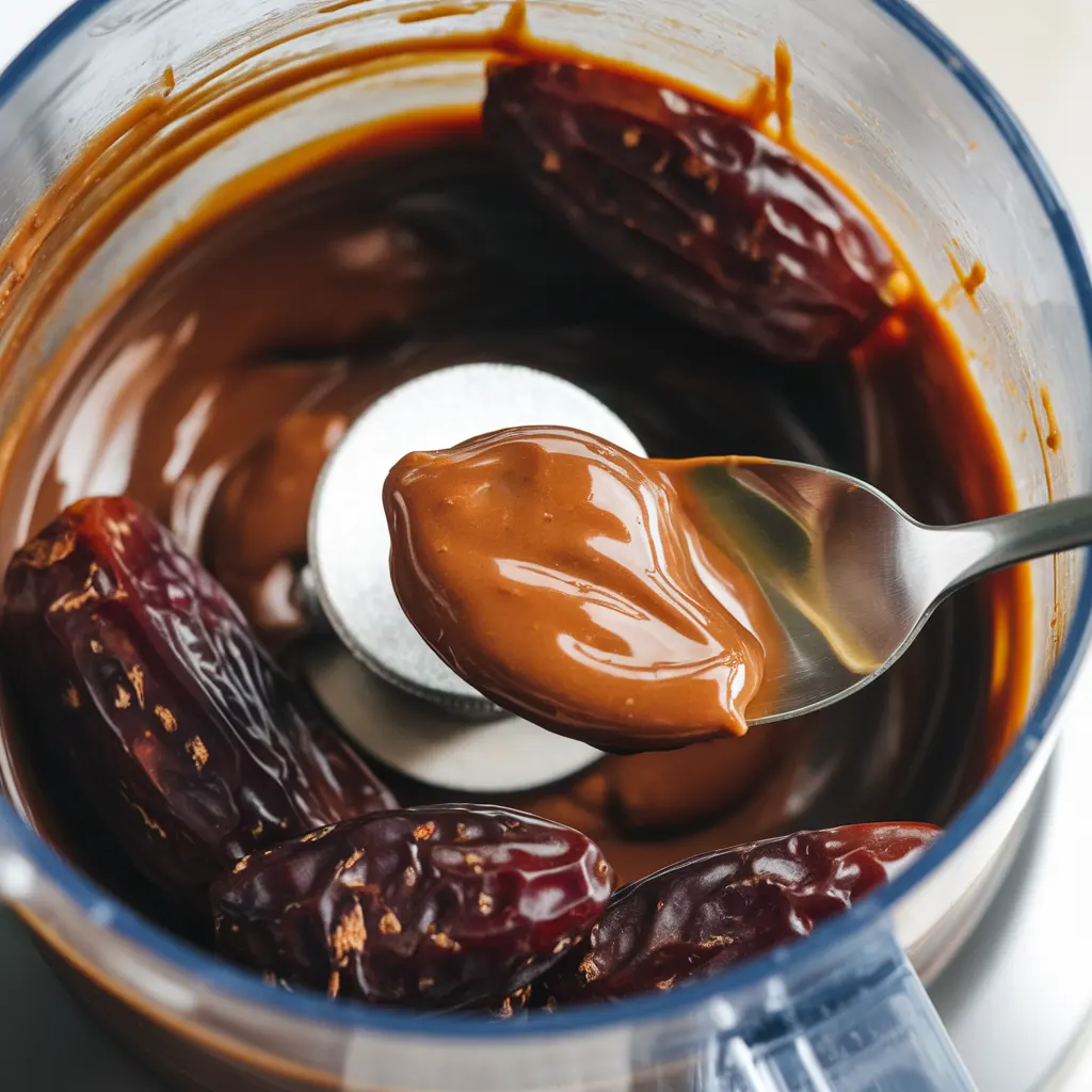 blended-dates-base-layer Sticky blended date mixture in a food processor, dark caramel-brown with a glossy texture, ready to form the base layer.