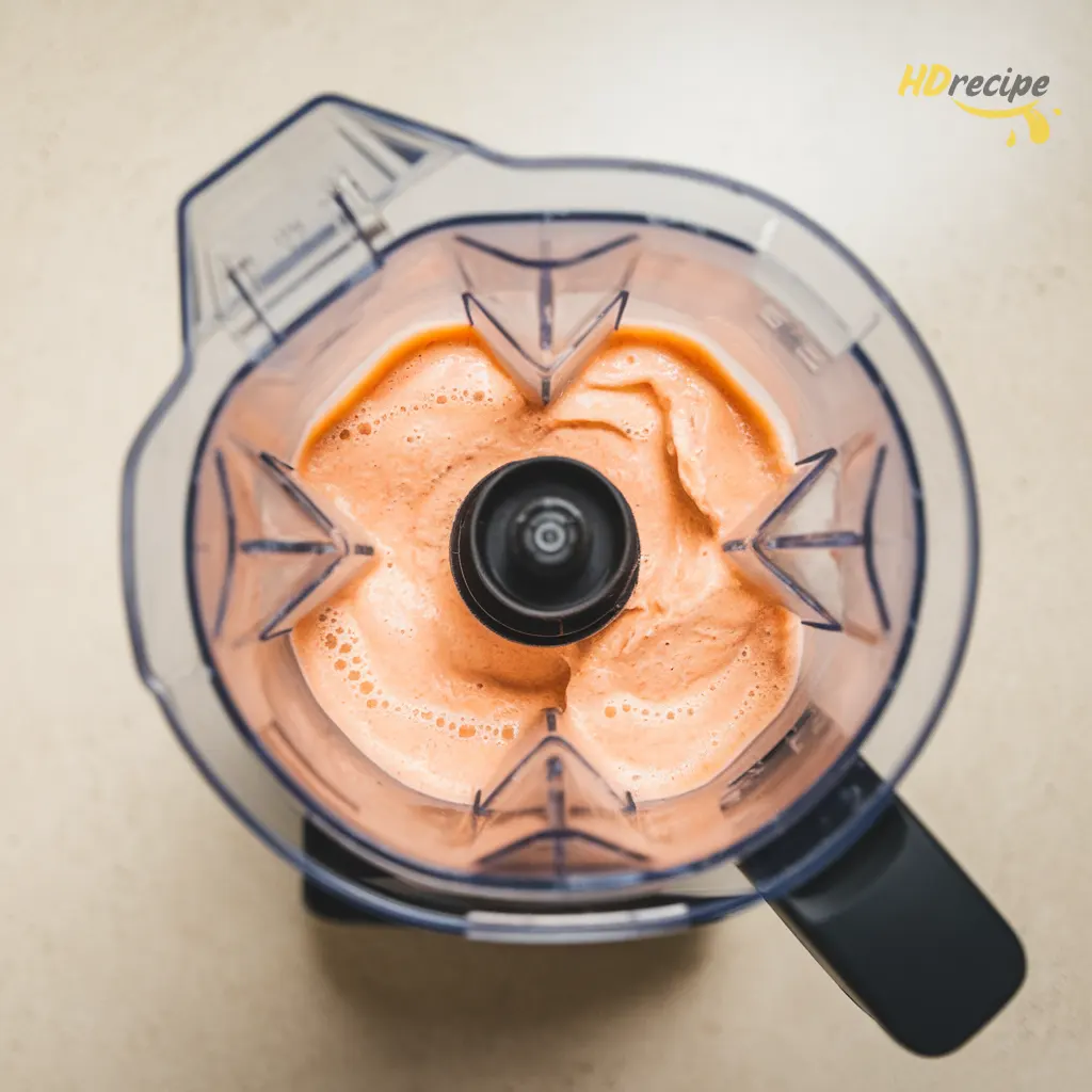 blending-creamy-peach-smoothie Blender in action blending a creamy peach smoothie.