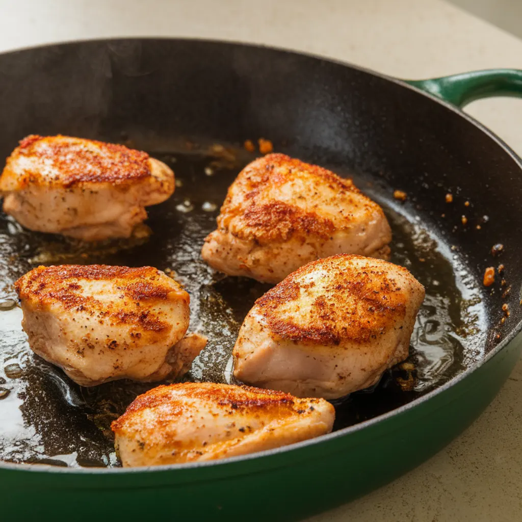browned-cajun-chicken-skillet Close-up of golden Cajun-seasoned chicken pieces browning in a skillet