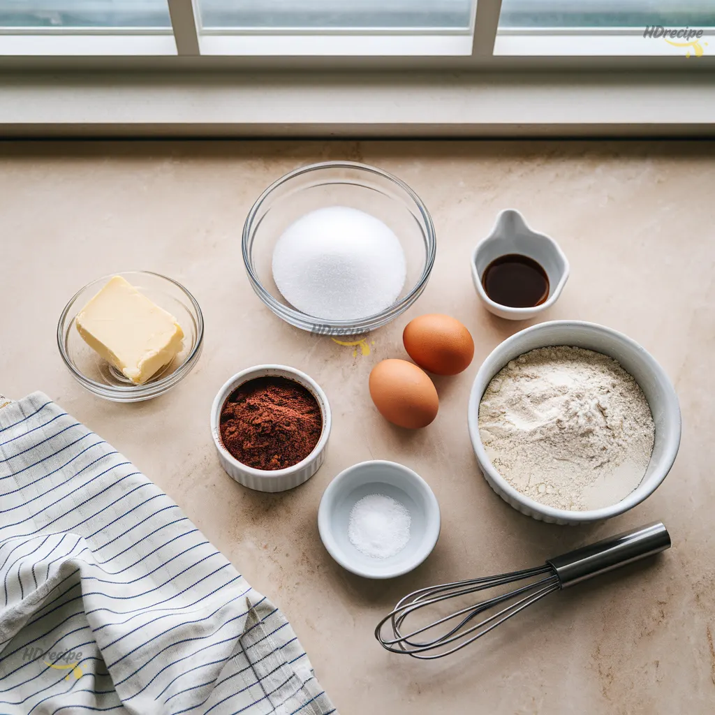 brownie-ingredients-flatlay Overhead flatlay of measured ingredients for chocolate brownie with cocoa powder — sugar, melted butter in a glass bowl, eggs, vanilla, cocoa powder, flour and salt.