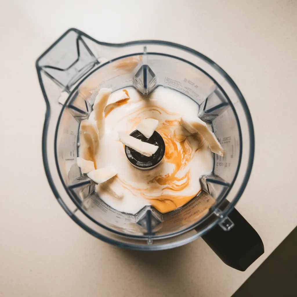 buko-salad-drink-blending-base Blender on a light beige countertop blending coconut milk, coconut water, condensed milk, and coconut strips into the creamy base.