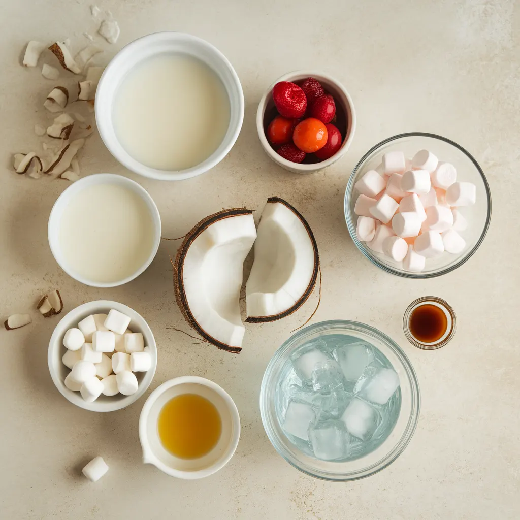 buko-salad-drink-ingredients Overhead view of bowls with coconut milk, condensed milk, coconut strips, fruit cocktail, nata de coco, marshmallows, and ice cubes for buko salad drink.