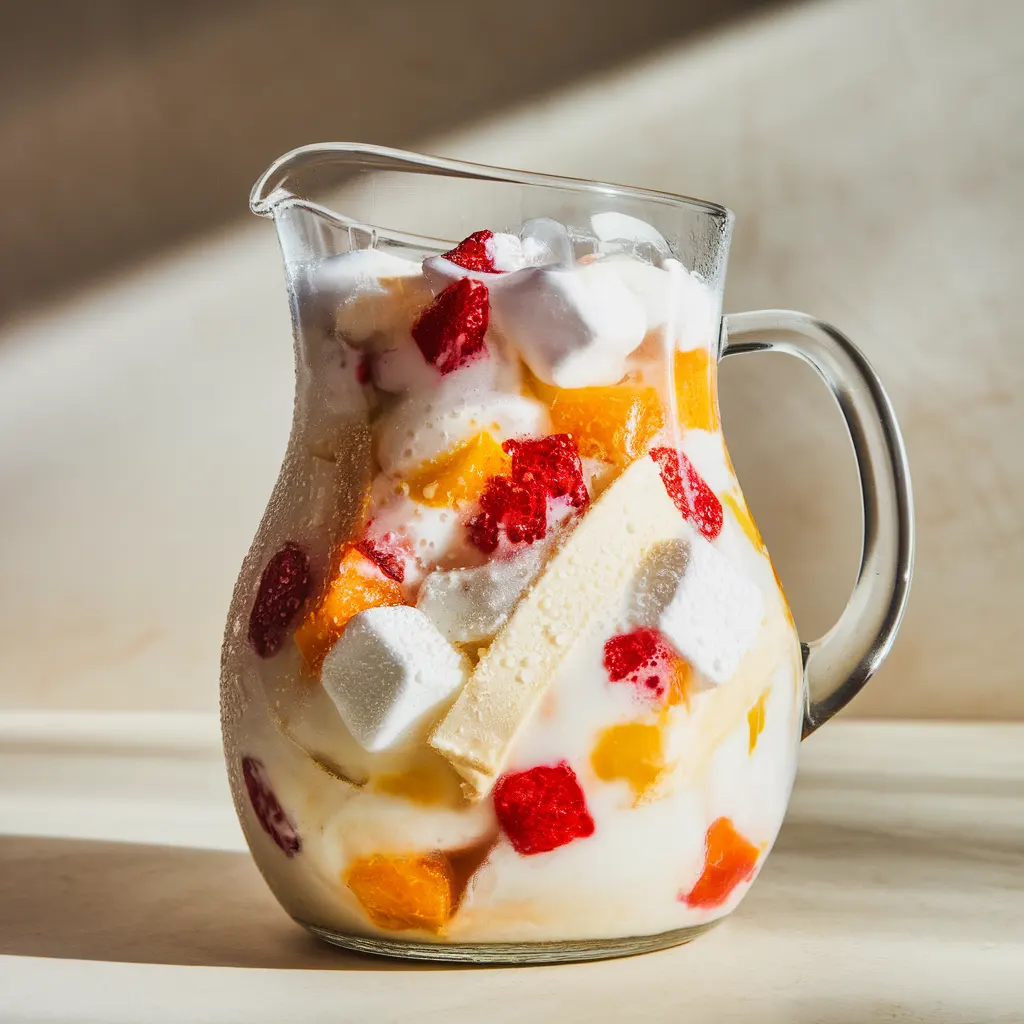 buko-salad-drink-pitcher-ready Clear pitcher of chilled buko salad drink with coconut strips, marshmallows, and colorful fruit cocktail