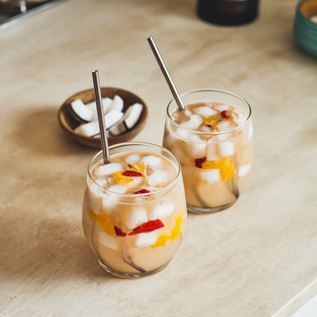 buko-salad-drink-serving-glasses Two glasses of buko salad drink over ice with fruit, nata de coco, and coconut strips, served with wide straws.