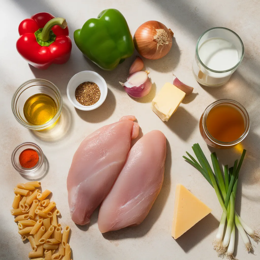 cajun-chicken-pasta-ingredients-flatlay Flat lay of fresh ingredients for Cajun chicken pasta on a light beige counter, including gluten-free pasta, chicken, vegetables, spices, and cream.