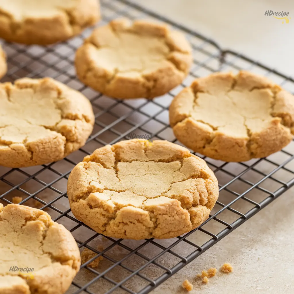 cake-mix-cookies-cooling-rack Golden 3 Ingredient Cake Mix Cookies cooling on a wire rack over a beige countertop with crumbs visible.