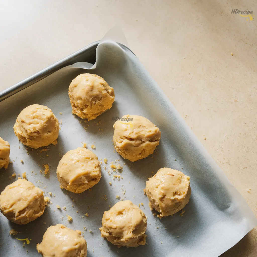 cake-mix-cookies-dough-balls-tray Raw cookie dough balls on a parchment-lined baking tray, ready to bake, on a beige countertop.