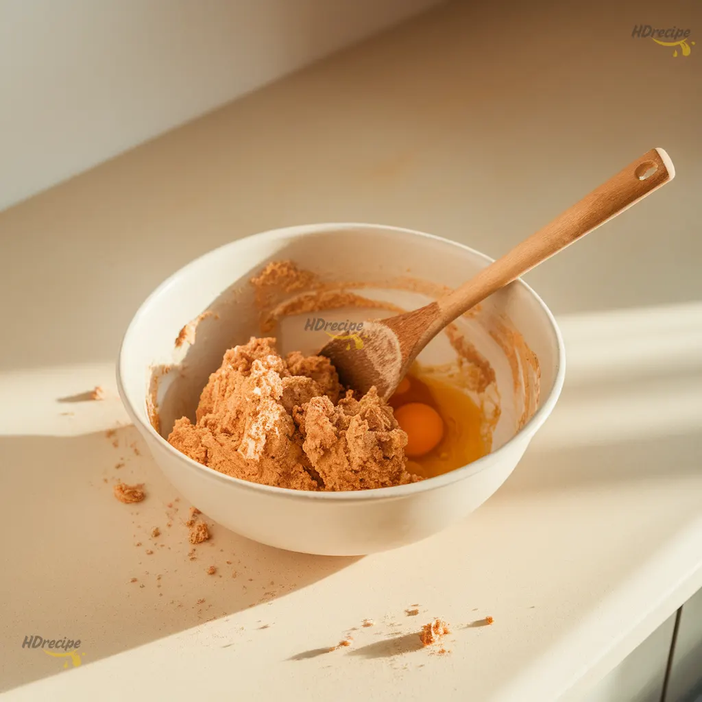 cake-mix-cookies-dough-mixing Mixing bowl with cake mix, eggs, and oil being stirred into cookie dough on a beige countertop.