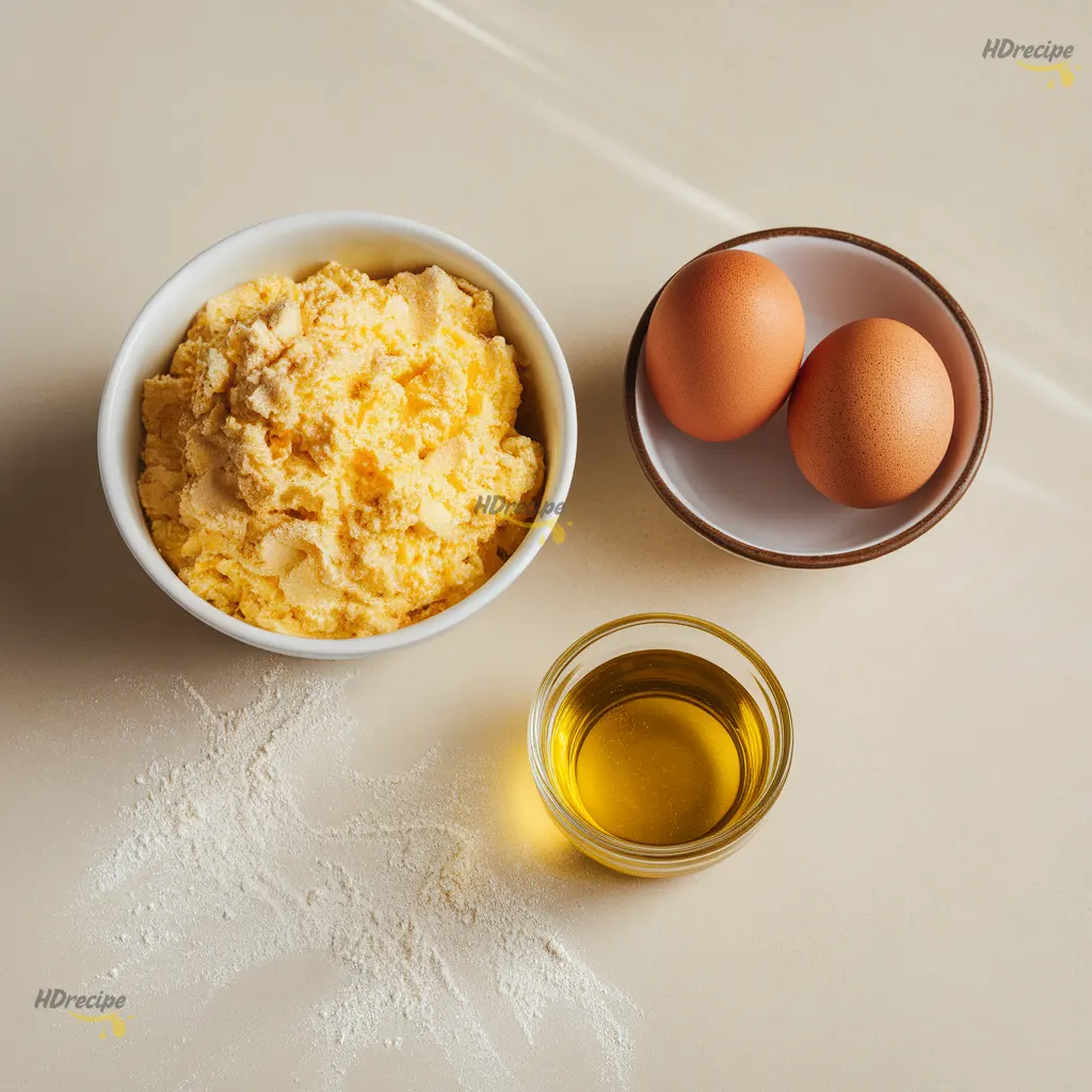 cake-mix-cookies-ingredients-flatlay Flat lay of cake mix box, eggs, and vegetable oil arranged on a beige countertop for 3 ingredient cookies.