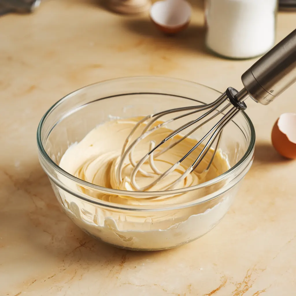 shot of cheesecake filling being mixed in a glass bowl with smooth, creamy texture.