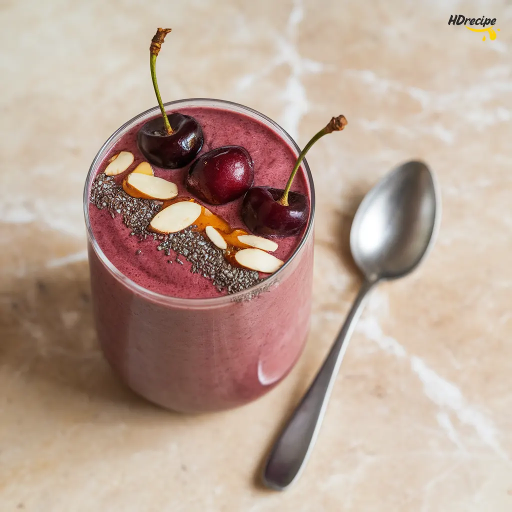cherry-smoothie-brunch-scene Cherry smoothie served with overnight oats and almonds.