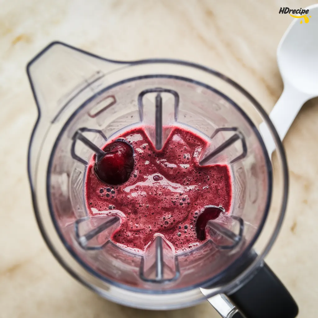 cherry-smoothie-in-blender-closeup Close-up of thick and creamy cherry smoothie inside a blender jar