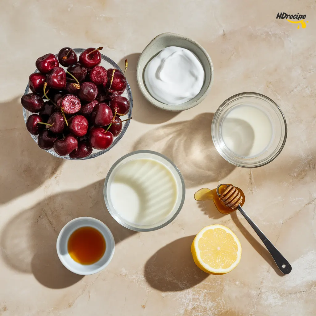 cherry-smoothie-ingredients-flatlay Flat lay of frozen cherries, Greek yogurt, almond milk, honey, lemon, and vanilla arranged