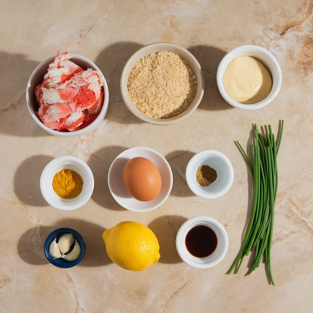 crab-cakes-ingredients-flatlay Flat lay of fresh ingredients for crab cakes including crab meat, breadcrumbs, mayo, chives, lemon, mustard, and seasonings