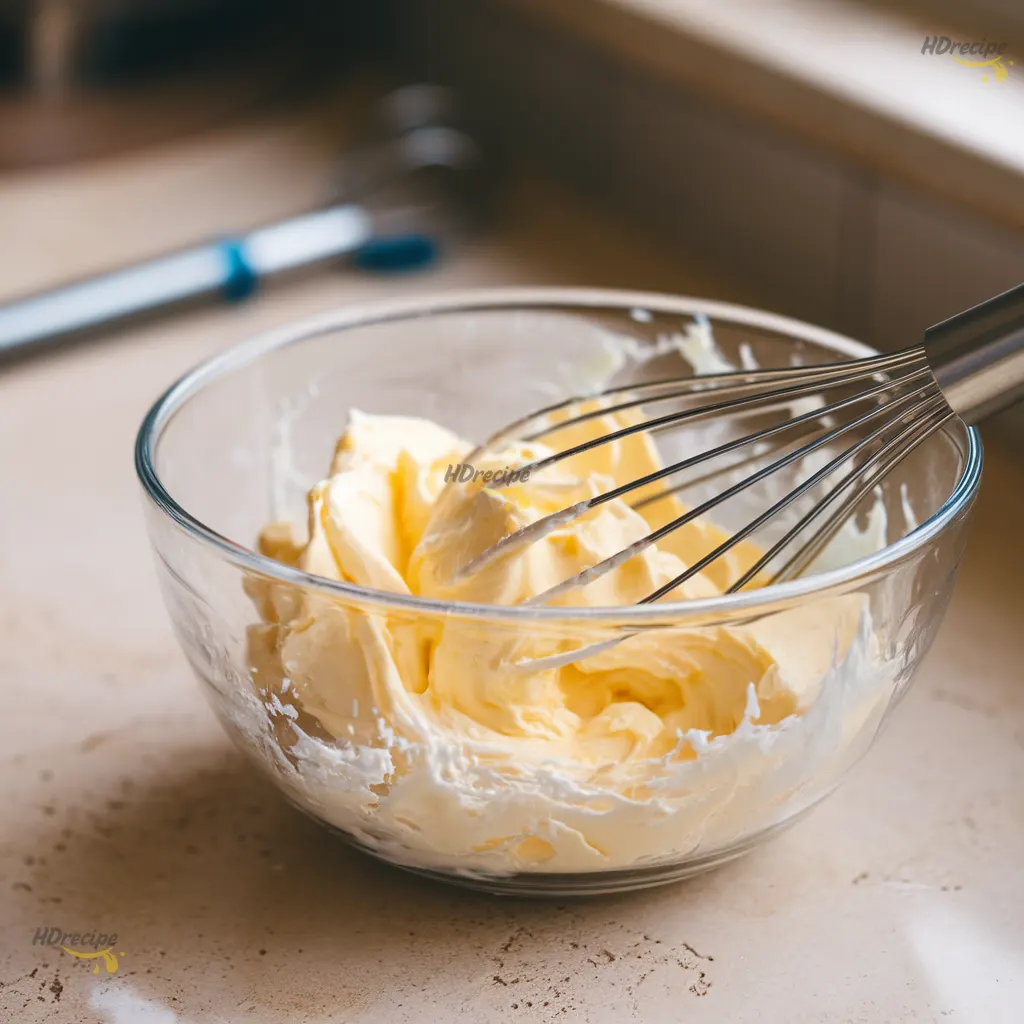 creaming-butter-and-cream-cheese Close-up of butter and cream cheese beaten together until pale and fluffy in a mixing bowl.
