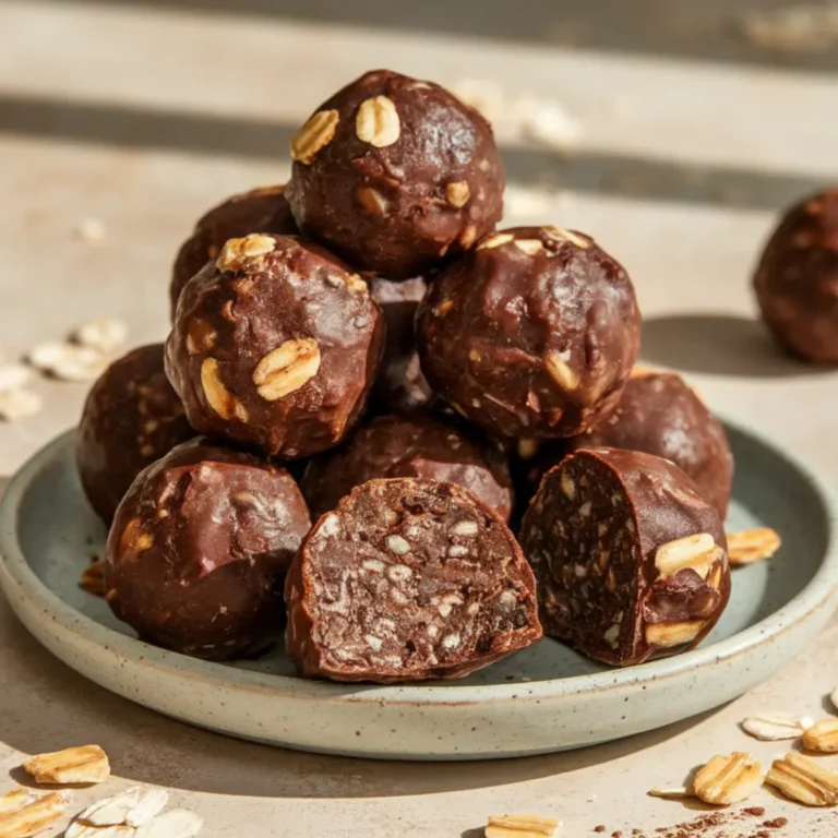 Close-up of dark chocolate energy balls stacked on a rustic plate, with one cut open to reveal fudgy texture, surrounded by oats and cocoa dust.