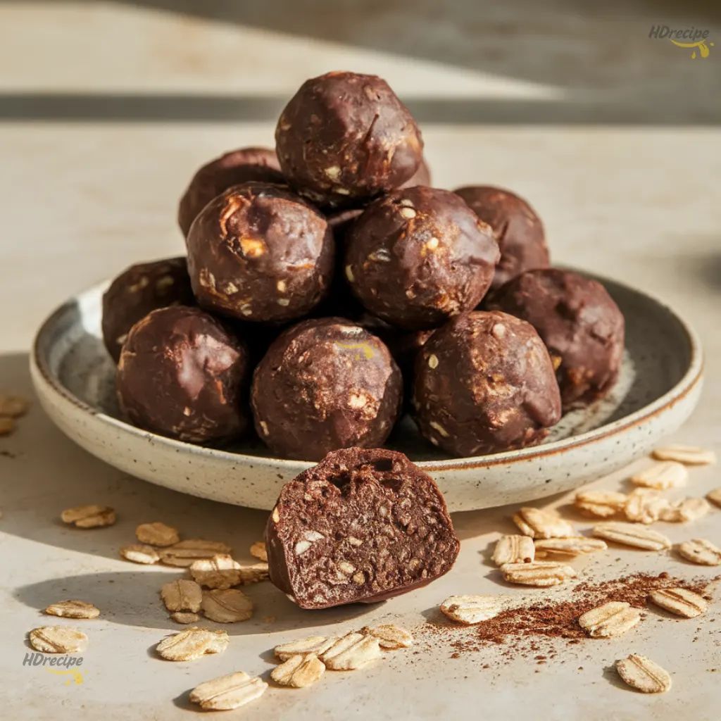 dark-chocolate-energy-balls-snack-bowl Bowl of dark chocolate energy balls on a beige counter, with one ball cut open to show fudgy, chewy inside texture.