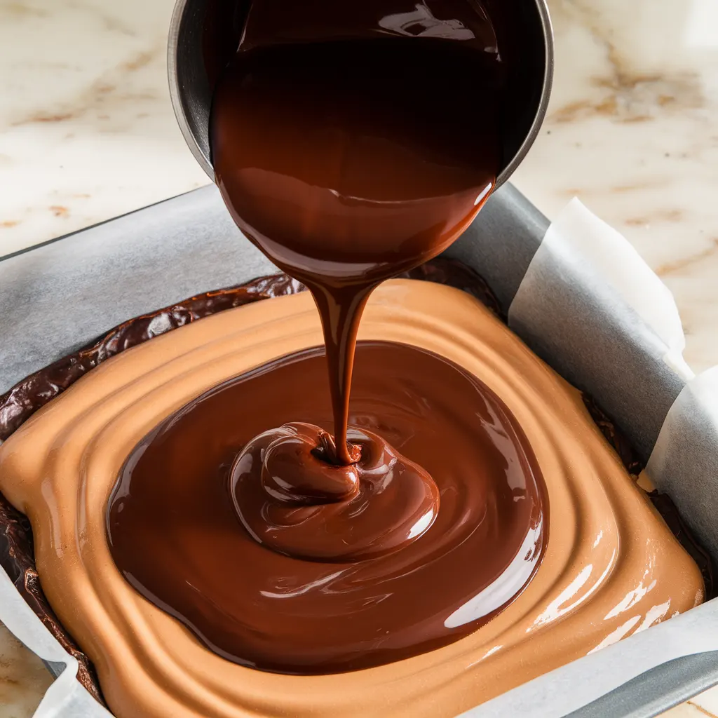 dark-chocolate-layer-pour Dark chocolate being poured over the peanut butter layer in a parchment-lined baking pan.