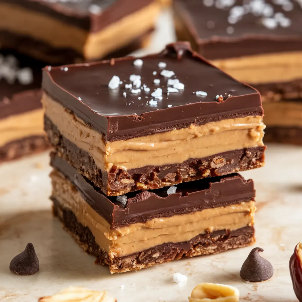 Close-up of homemade Date Snickers bars stacked on marble, showing layers of chewy date base, creamy peanut butter, and glossy dark chocolate with sea salt.