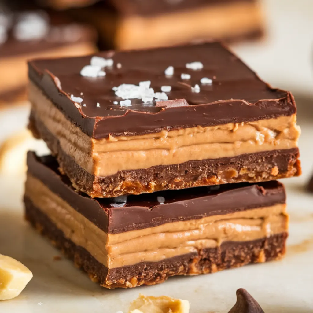 date-snickers-bars-cut Homemade Date Snickers bars cut into squares, showing distinct layers of date, peanut butter, and chocolate.