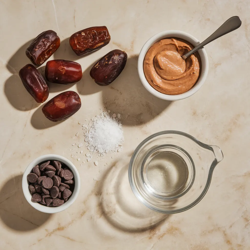 date-snickers-ingredients Flat lay of Medjool dates, peanut butter, dark chocolate chips, coconut oil, and sea salt