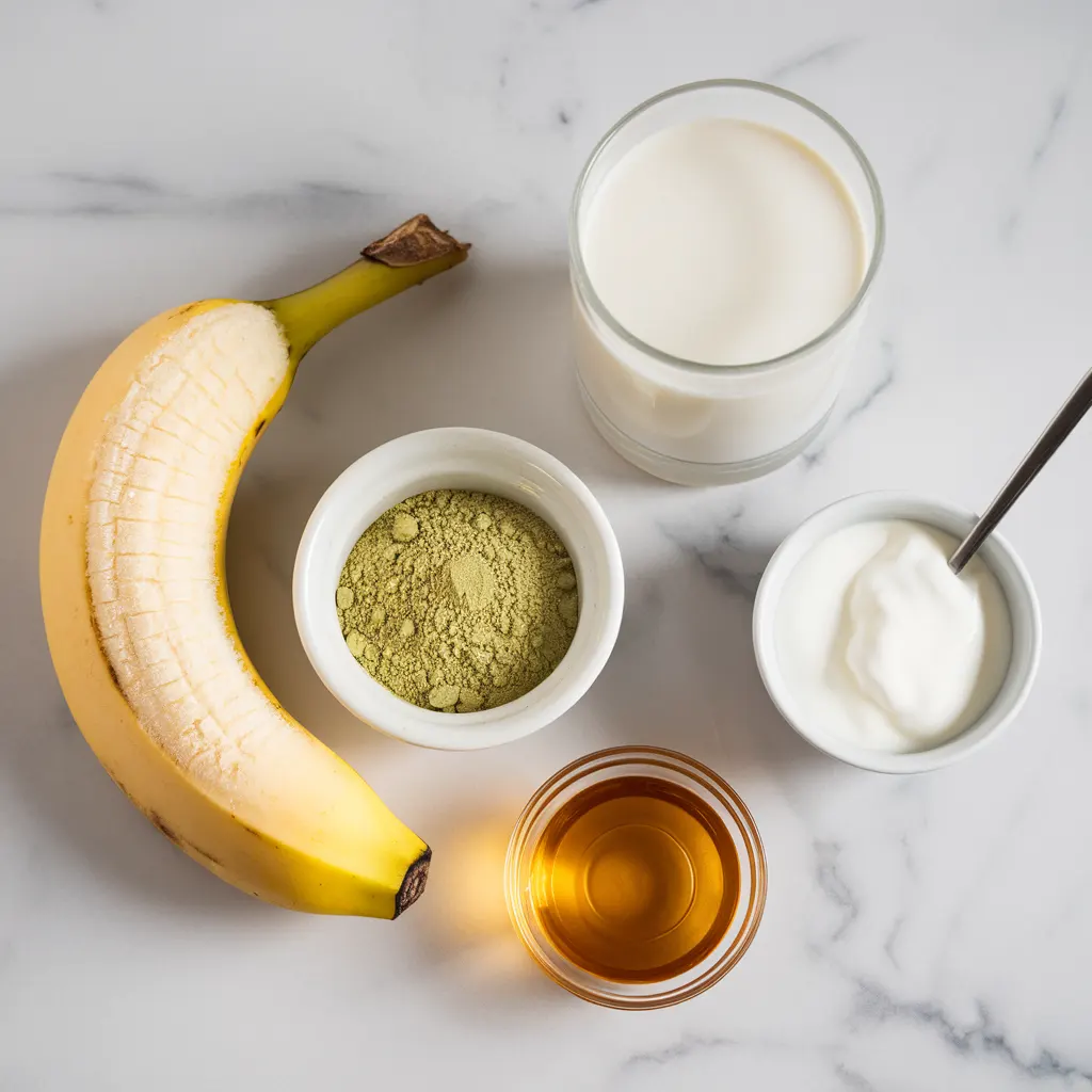 banana matcha smoothie ingredients including frozen banana chunks, matcha powder, almond milk, Greek yogurt, and honey