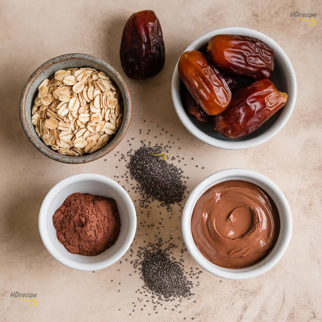 energy-balls-ingredients-flatlay Flat lay of oats, dates, almond butter, cocoa powder, and chia seeds in bowls on a beige counter for making dark chocolate energy balls..