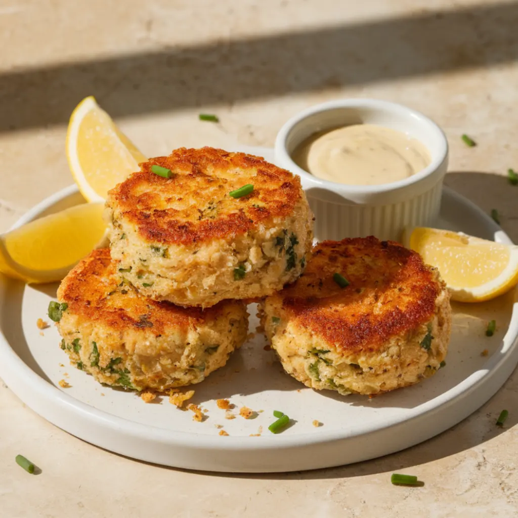 Golden crispy crab cakes stacked on a white plate with dipping sauce, lemon wedges, and chives