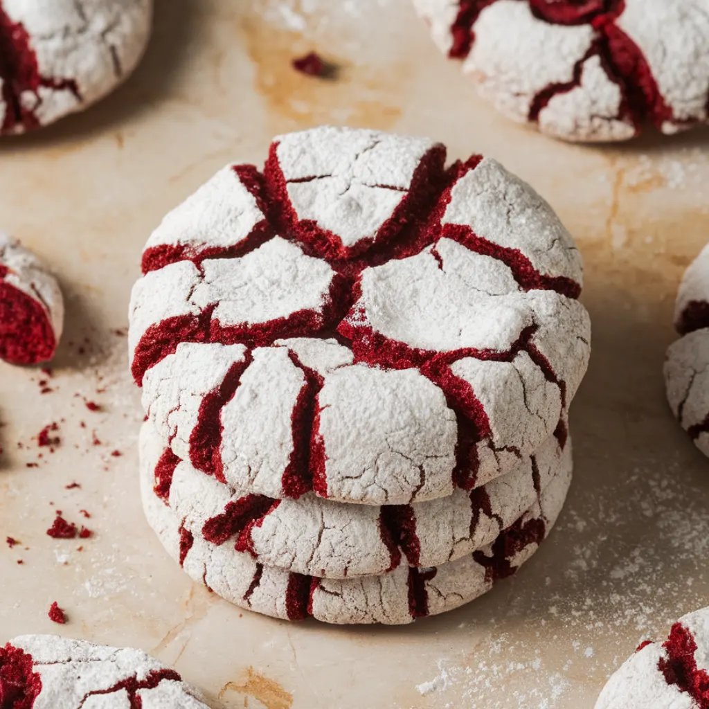 Overhead close-up of fudgy red velvet crinkle cookies stacked on a beige counter with powdered sugar cracks.