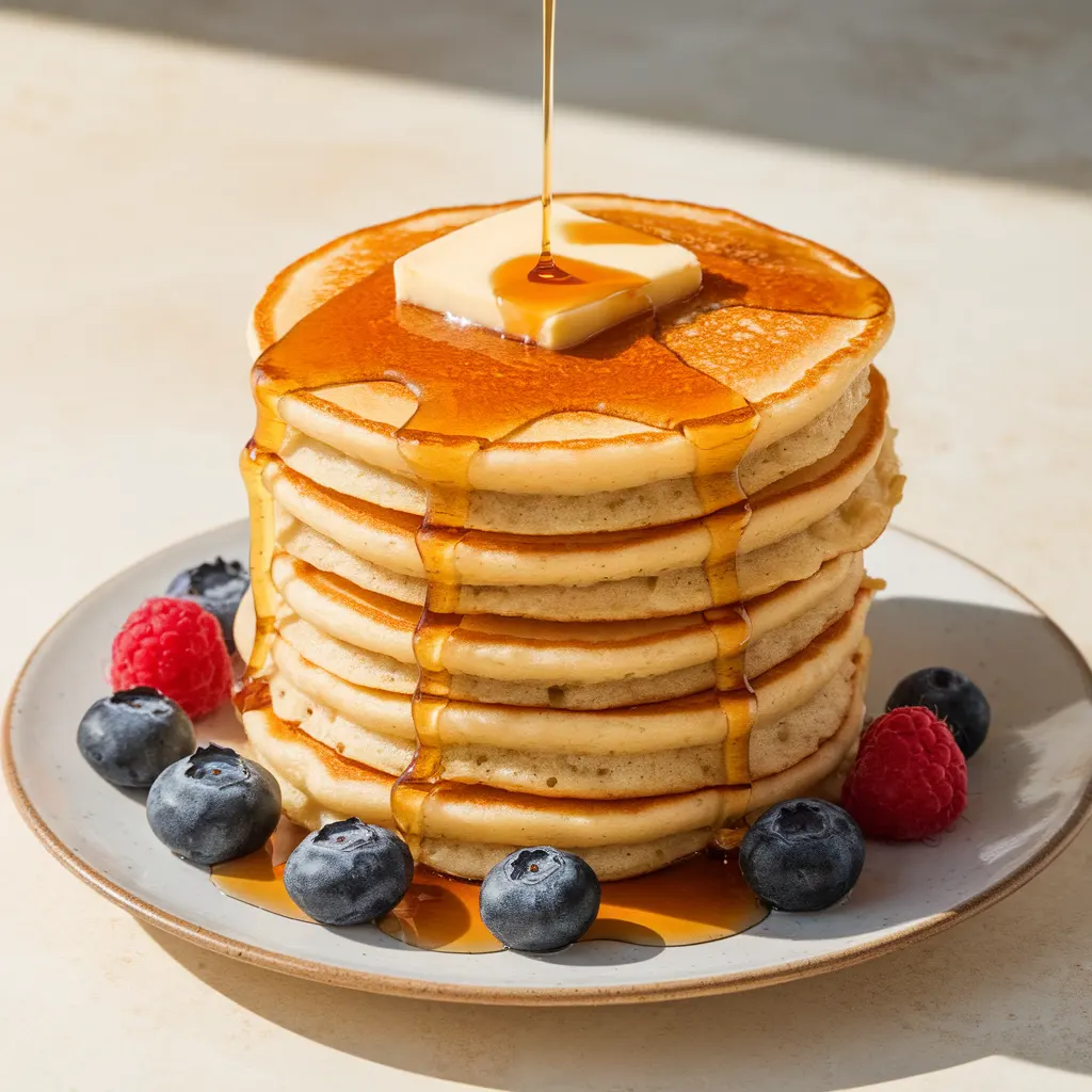 Stack of fluffy golden-brown gluten-free pancakes topped with melting butter and maple syrup dripping down the sides, garnished with fresh berries.