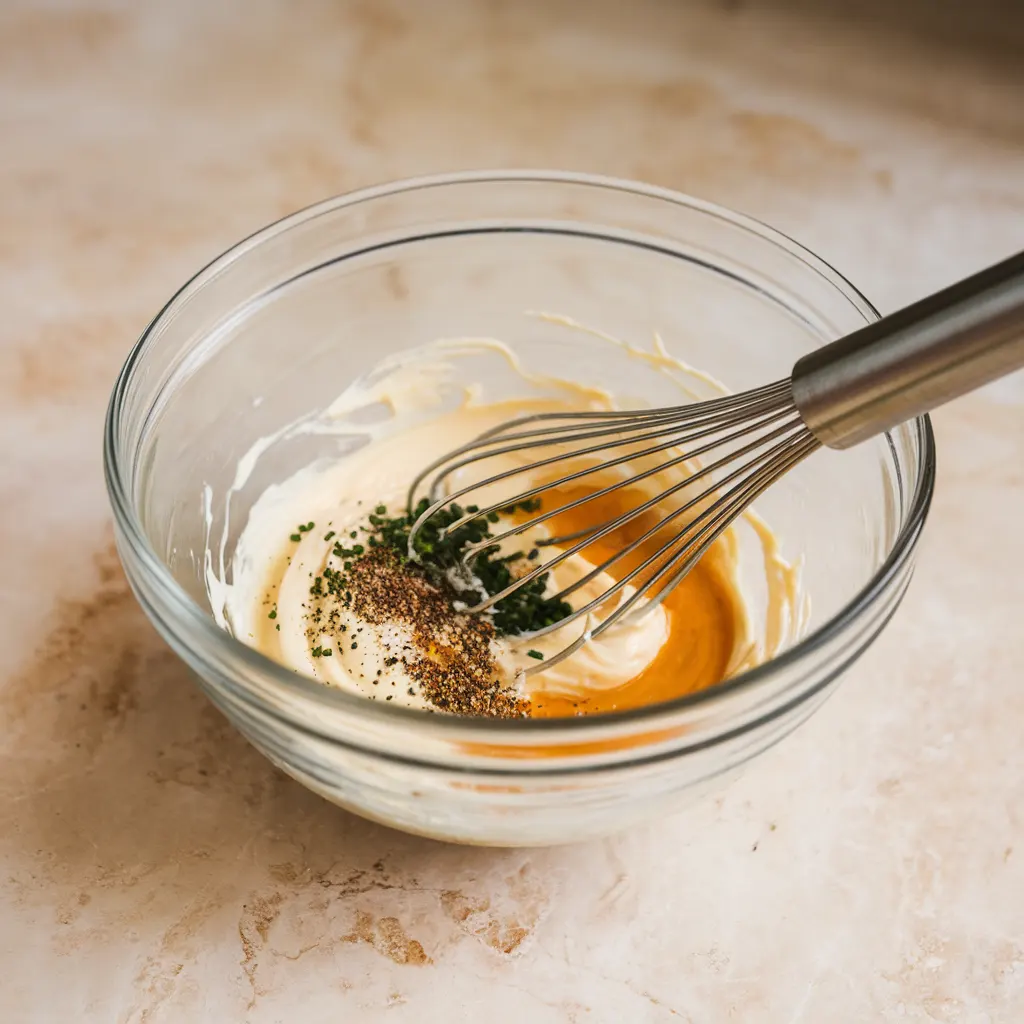 folding-crab-into-mixture Close-up of wet ingredients for crab cakes whisked together in a glass bowl
