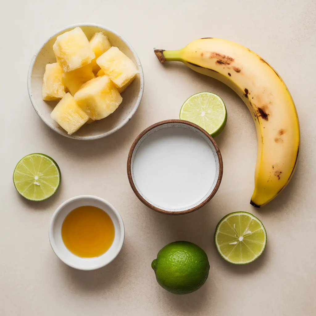 fresh pineapple smoothie ingredients on a white stone surface, including pineapple chunks, banana, coconut milk, lime, and honey.