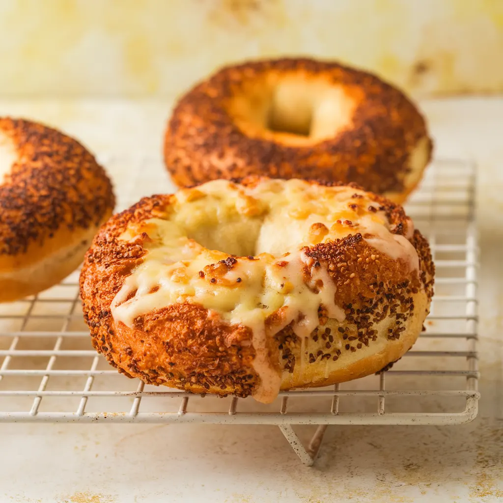 freshly baked asiago bagels with melted golden cheese on a parchment-lined tray.
